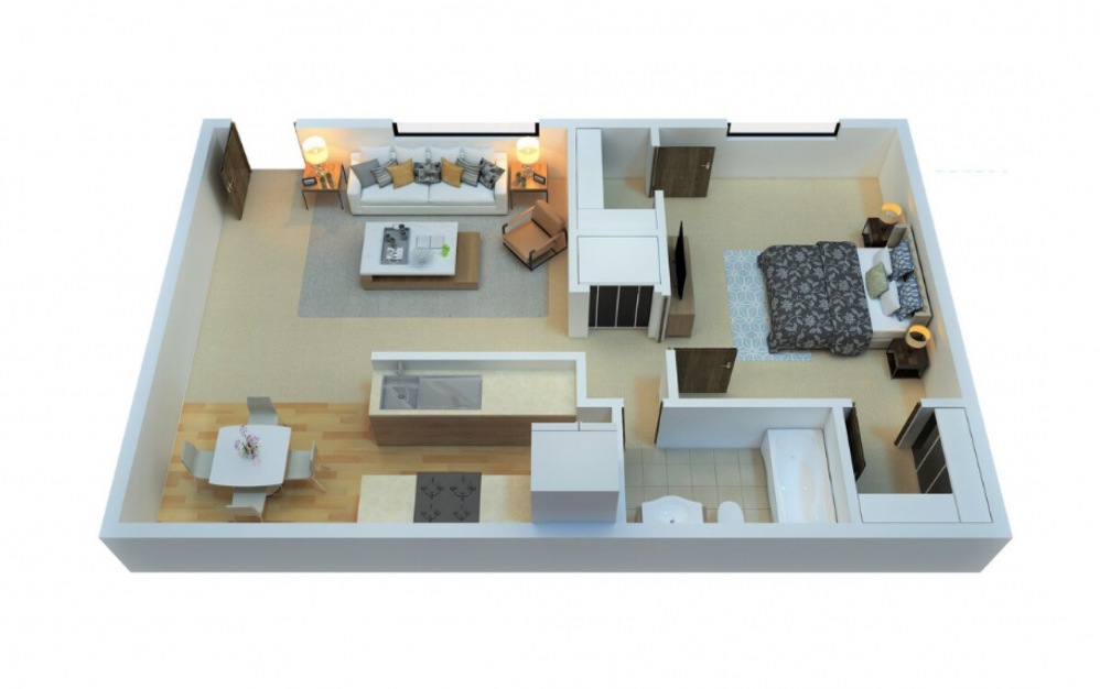 1 Bedroom 1 Bath - 1 bedroom floorplan layout with 1 bath and 750 square feet.