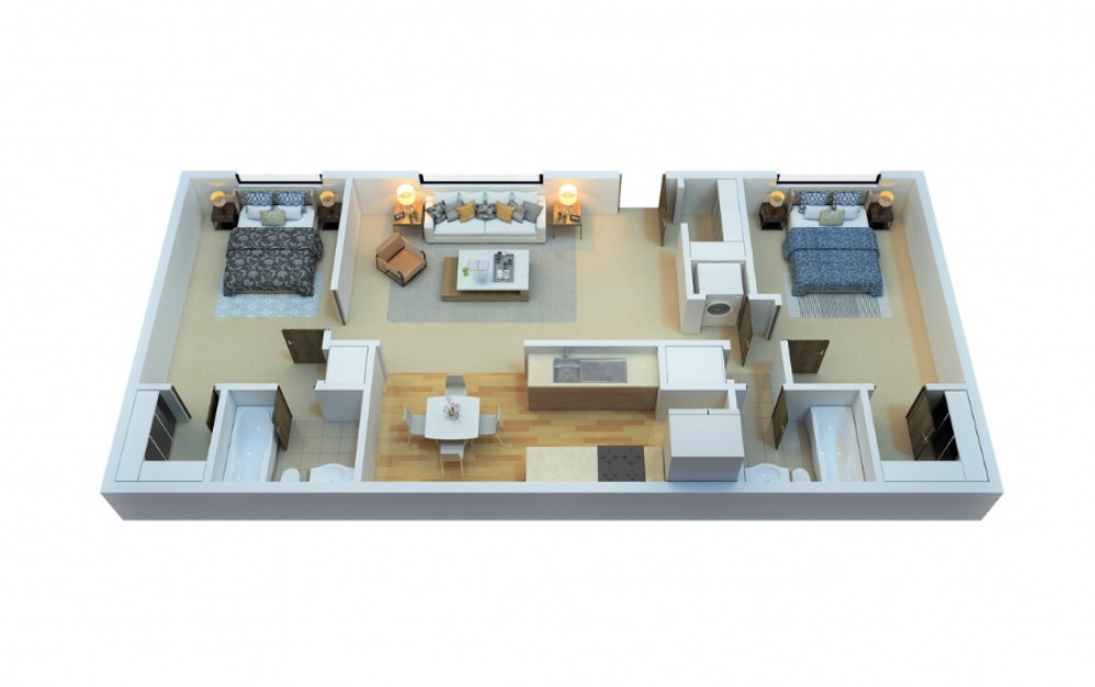 2 Bedroom 2 Bath - 2 bedroom floorplan layout with 2 baths and 1050 square feet.